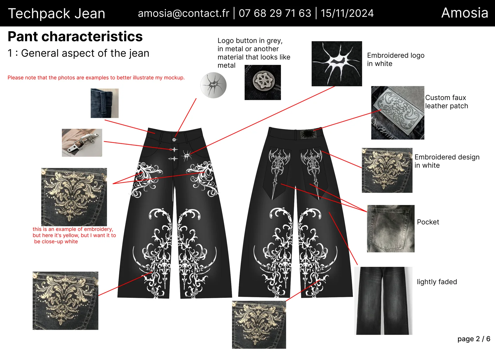 Caractéristiques générales du jean dans le tech pack Amosia