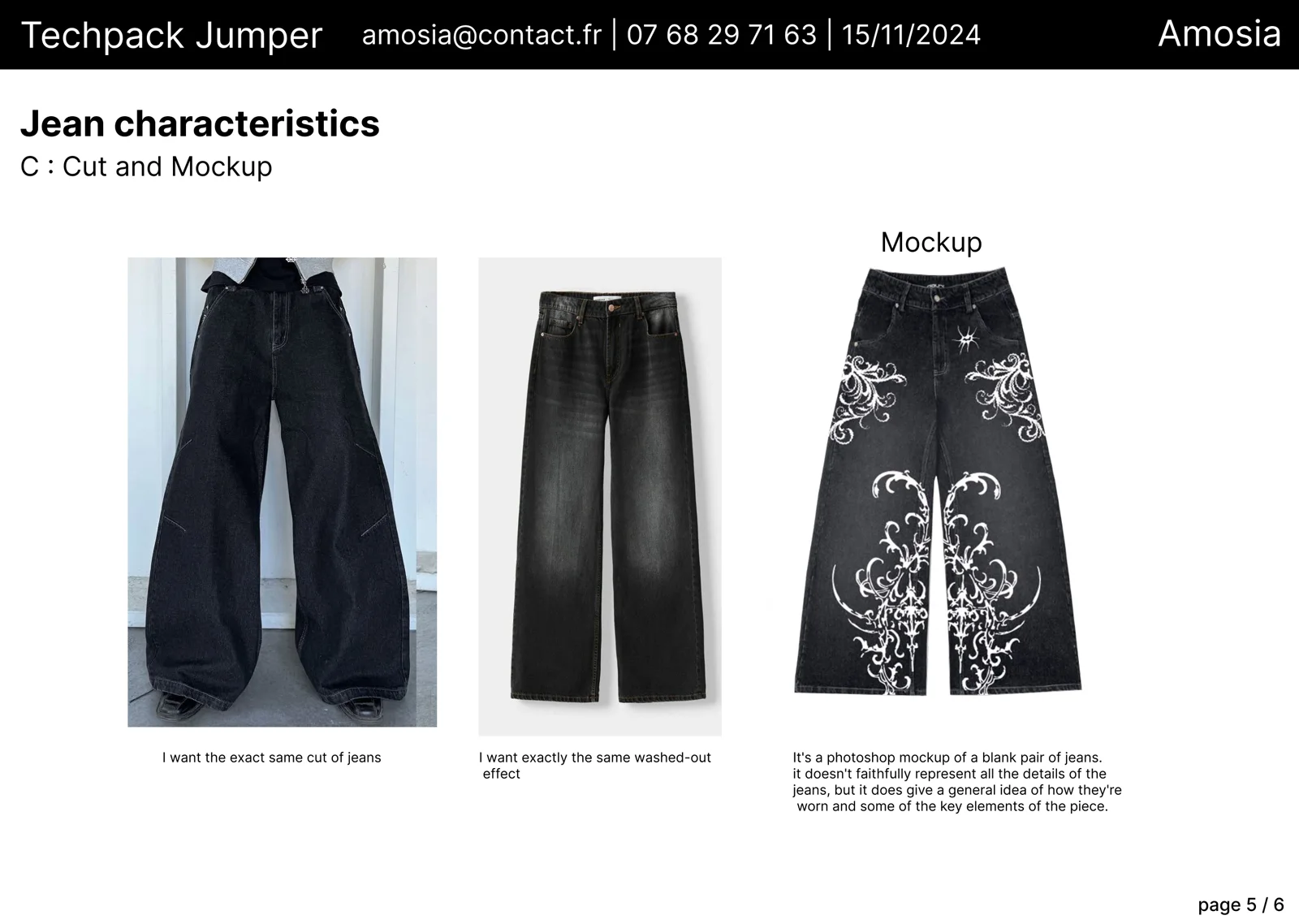 Références de coupe et mockup du jean Amosia