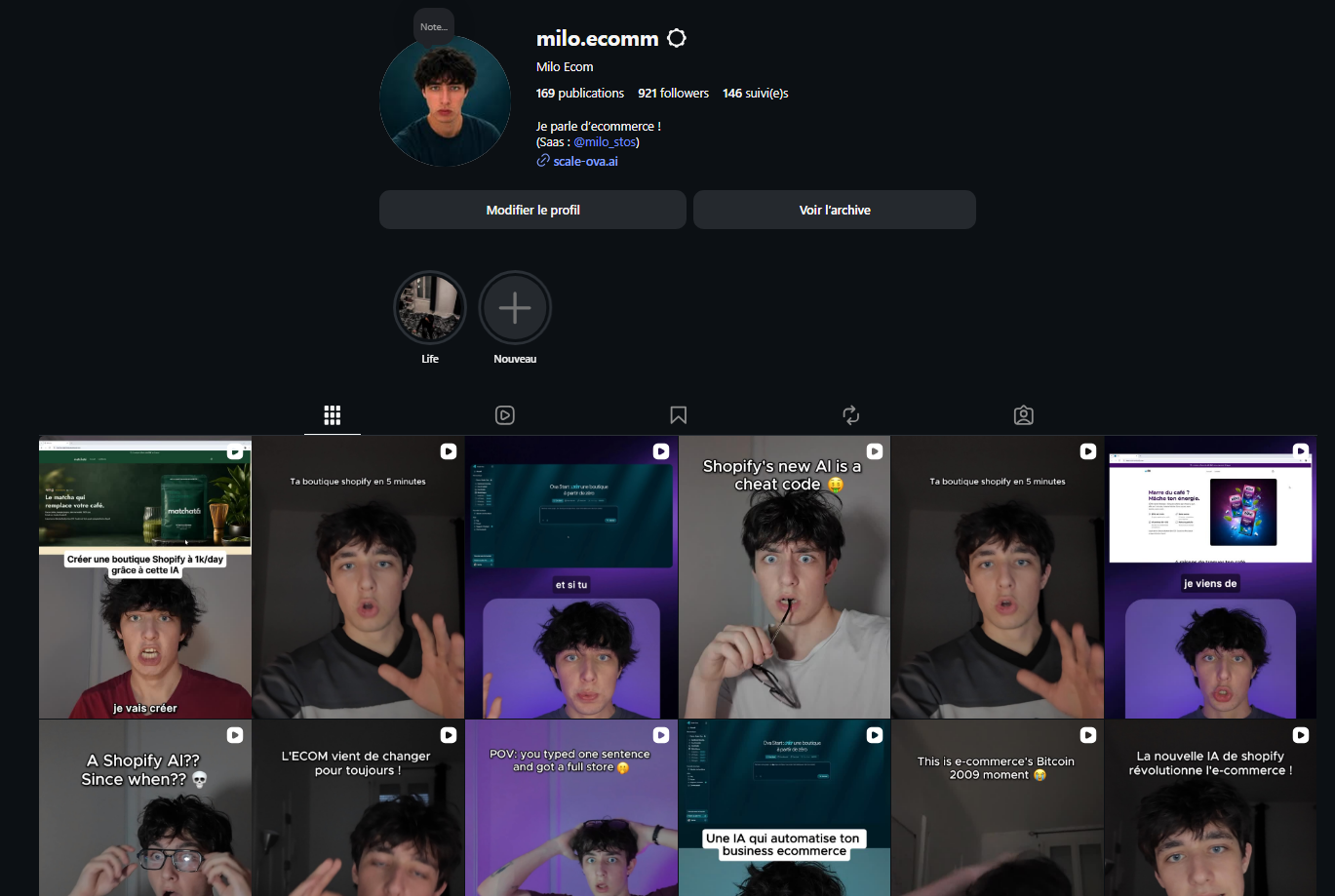 Compte Instagram milo.ecomm et aperçu des contenus publiés