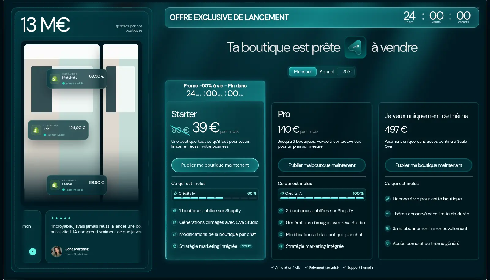 Paywall actuel de Scale OVA avec les offres Starter, Pro et thème seul