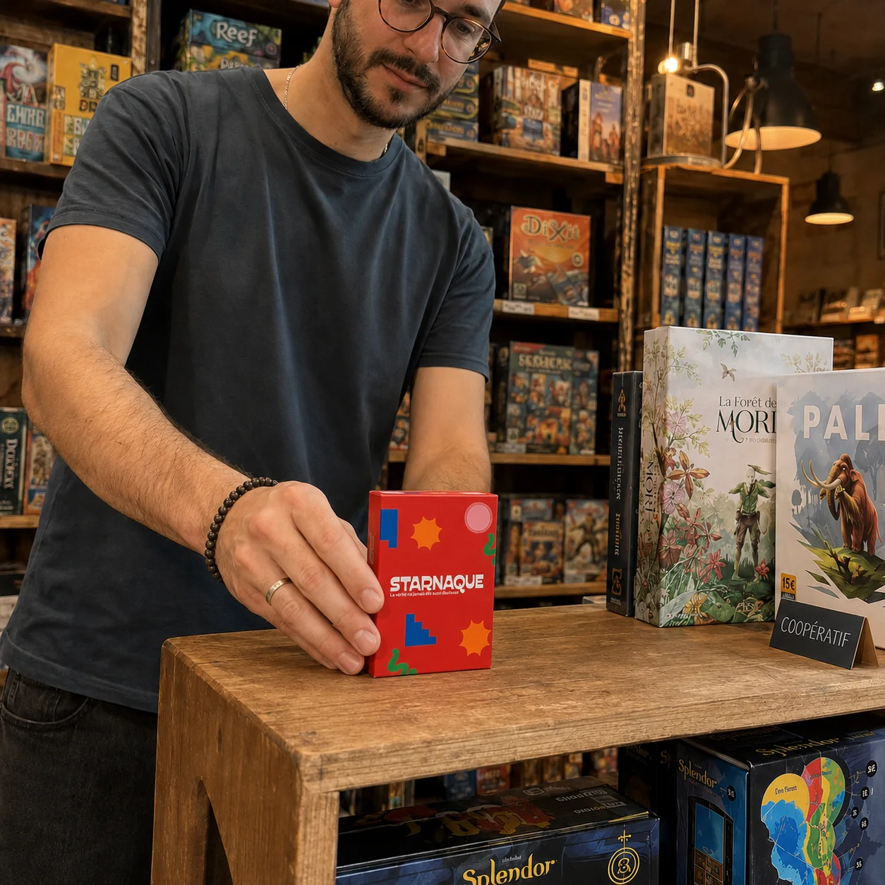 Starnaque présenté dans une boutique de jeux